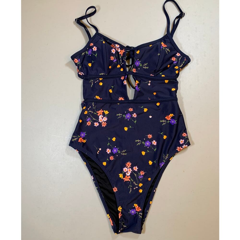 NWT Cupshe Navy Blue Floral Cutout One Piece Bathing Suit Size XS‎
